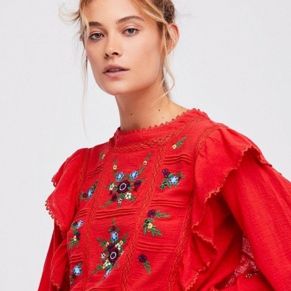 Free People Amy Red Floral Embroidered Top - Picture 5 of 7